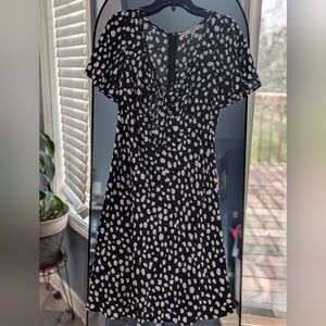 LOFT Black Midi Dress with White Spot Print